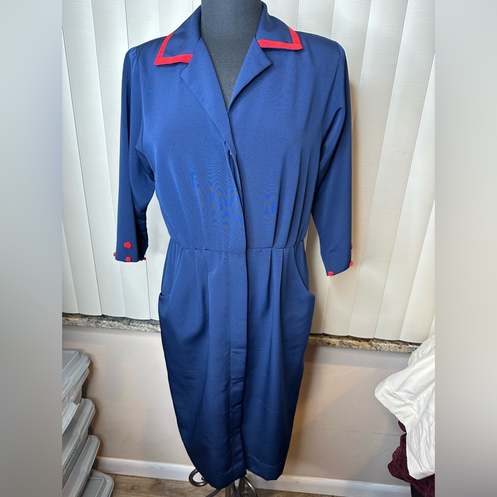 Navy Blue Vintage Dress Red Accents Size 10 Petite Deadstock